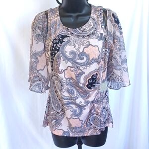 S. Levine paisley wrap top flowy sleeves brooch